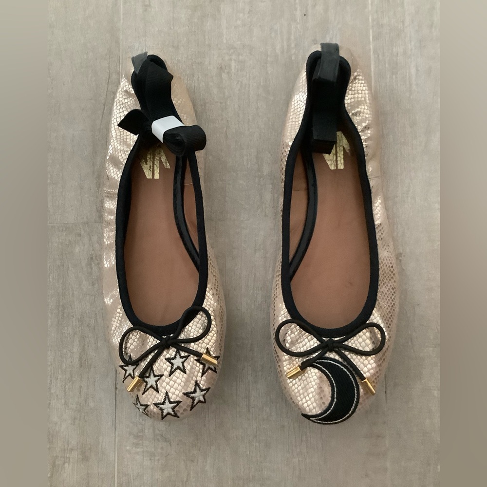 Embossed gold leather stars & moon ballet flats